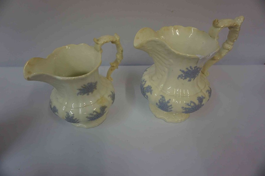 Three Victorian Relief Pottery Jugs, One example by Ridgway, also with two graduated jugs, and a tea - Image 4 of 4