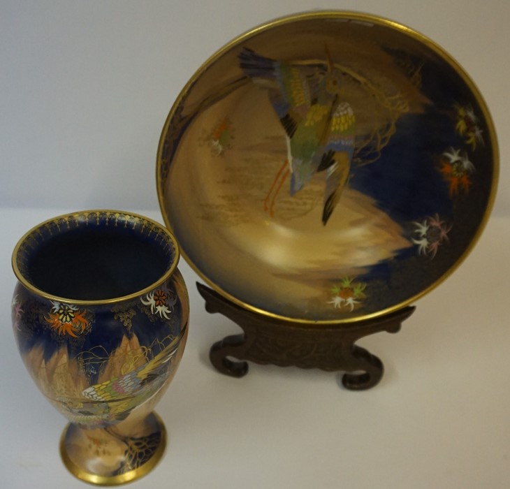 Carlton Ware "Sketching Bird" Design Vase and Bowl, on a beige ground, pattern no 3890, vase 18cm