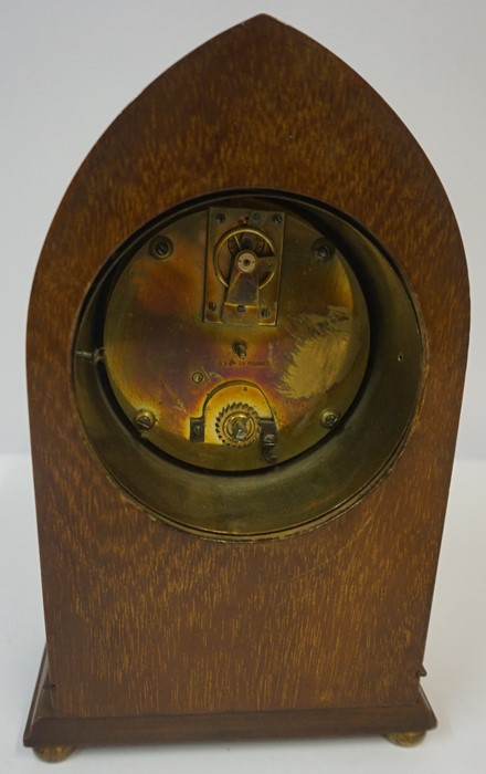 Edwardian Mahogany Lancet Shaped Mantel Clock, Having a white enamel dial with Arabic numerals, - Image 4 of 4