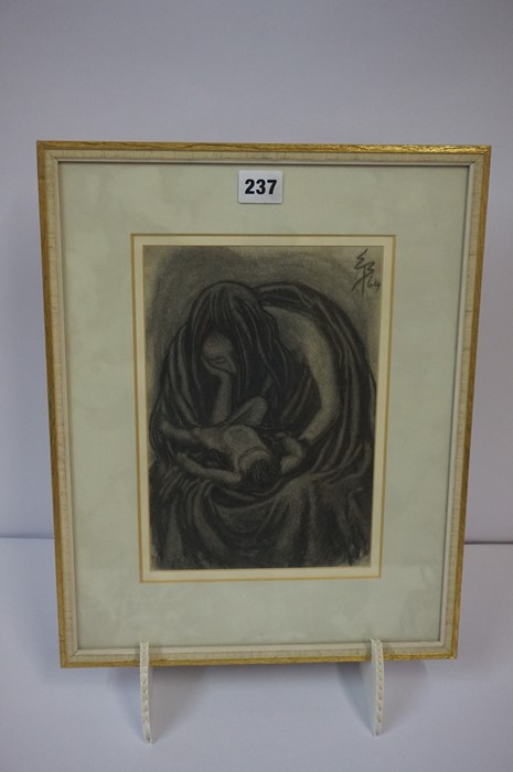 "Mother with Child" Mid century Charcoal, initialled EB and dated 64 to top right, 25cm x 17cm, - Image 3 of 3