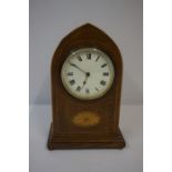 Edwardian Mahogany Inlaid Lancet Shaped Mantel Clock, 22.5cm high
