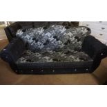 Modern Black Velour Bed Settee, Decorated with floral panels, 88cm high, 184cm wide