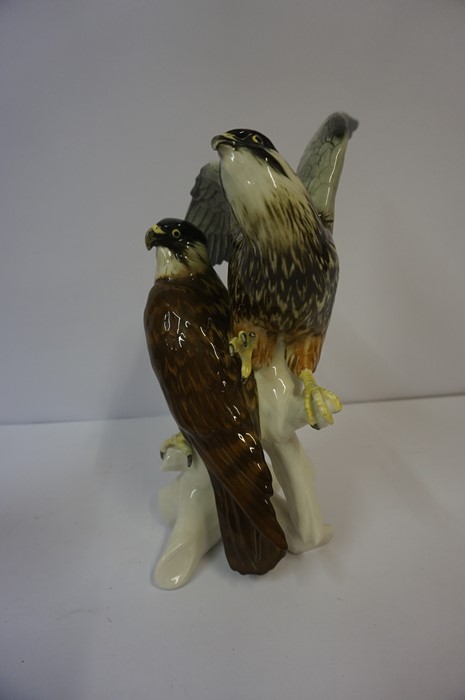 Continental Porcelain Bird of Prey Figure Group by Carl Ens, Modelled as two birds perched on a - Image 2 of 8