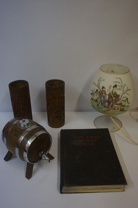 A Quantity of Sundry China and Bric a Brac, to include a Japanned glass table lamp, oak bound spirit