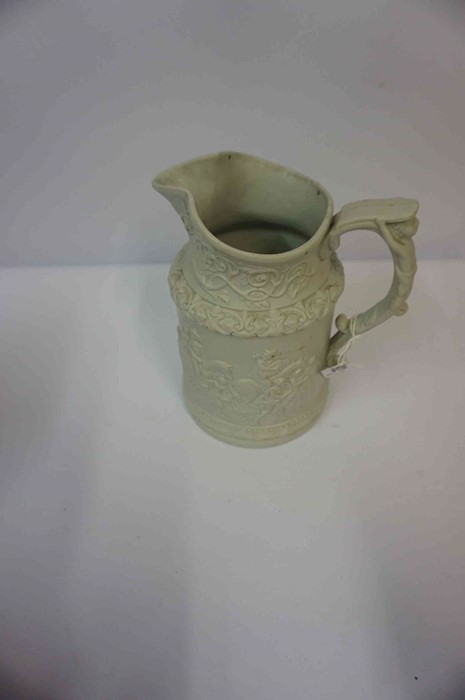 Three Victorian Relief Pottery Jugs, One example by Ridgway, also with two graduated jugs, and a tea - Image 3 of 4