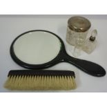 Vintage Ebony Hand Mirror and Clothes Brush, also with a toilet jar with silver lid, and a toilet