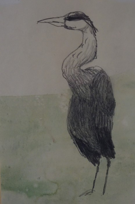 Mary Newcomb (Born 1972) "The Heron" Watercolour and Pencil, 26cm x 14cm, initialled MN to lower