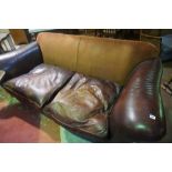 Ox Blood Leather and Velour Three Seater Sofa, 83cm high, 223cm wide