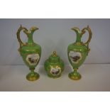 Coalport Porcelain Three Piece Garniture, circa early 20th century, Comprising of two ewers with pot