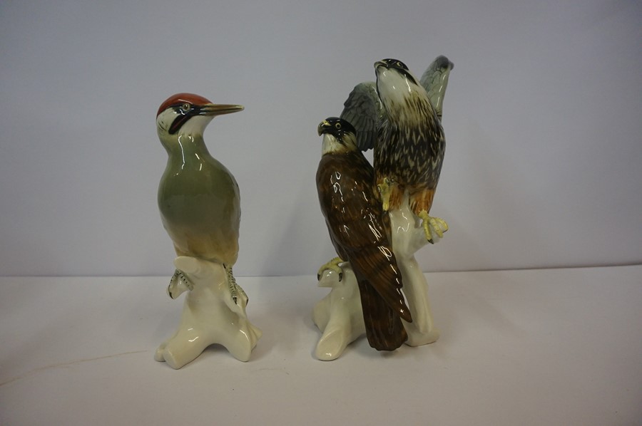 Continental Porcelain Bird of Prey Figure Group by Carl Ens, Modelled as two birds perched on a