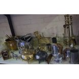 A Mixed Lot of Brass,Copper and Plated Items, to include a piquot ware tea set on tray, copper