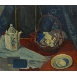 Scottish School "Still Life of Basket with Oriental Tea Pot" Oil on Canvas, Unsigned, 44cm x 54cm,