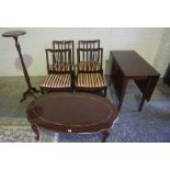 Mahogany Drop Leaf Table, 74cm high, 86cm wide, 131cm long, also with four Stag dining chairs and