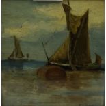 "Boats at Sea" Oil on Board, signed indistinctly lower right, 12cm x 11.5cm, gilt framed, also