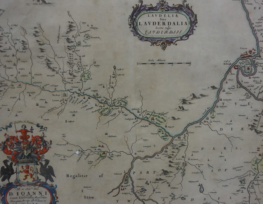 After Johannes Blaue, Antique Hand Coloured Map of the Scottish Borders, 38.5cm x 50cm, framed