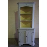 Modern Painted Corner Cupboard on Base, Having open shelving to the top section, 191cm high, 73cm