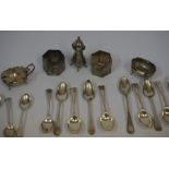 A Mixed Lot of Silver, to include napkin rings, condiments and tea spoons, 16oz, approximately 25