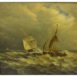 John Moore (British 19th century) "Boats at Rough Sea" Oil on Board, signed lower left, 27cm x 31cm,