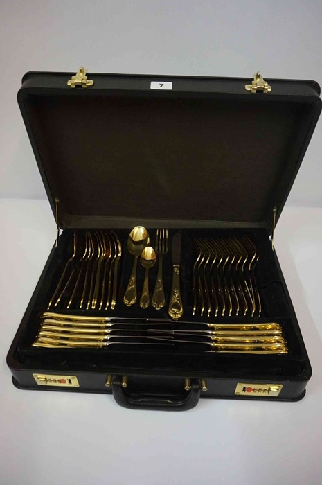 A Part Canteen of 24 Karat Gold Plated Cutlery by S.B.S, 62 pieces, in travel case with