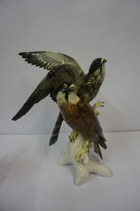 Continental Porcelain Bird of Prey Figure Group by Carl Ens, Modelled as two birds perched on a - Image 5 of 8