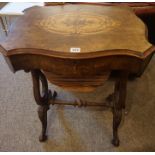 Victorian Walnut Inlaid Sewing Table, Having a hinged top enclosing a fitted interior,