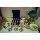 Mixed Lot of China, Sundries and Plated Wares, to include an oil lamp, Royal Doulton character jug
