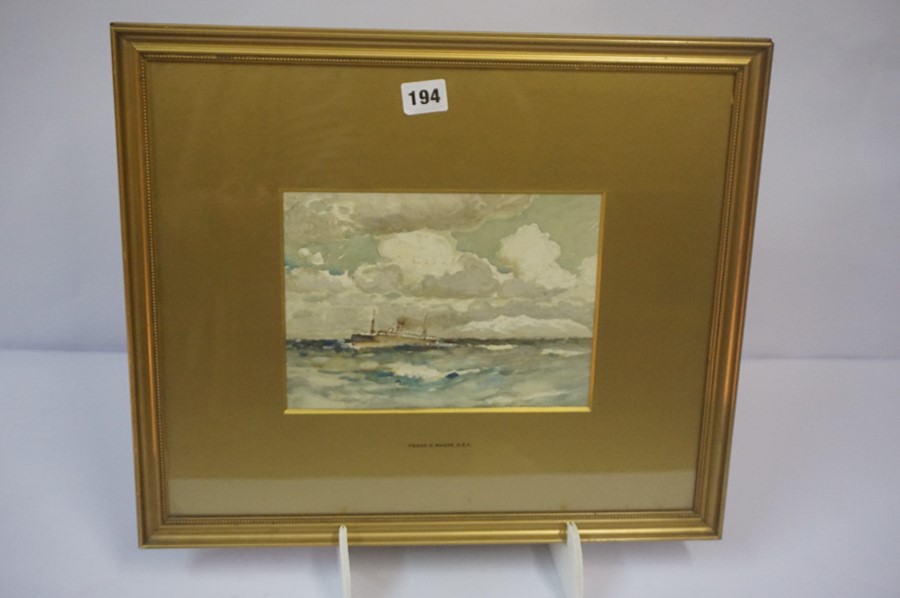 Frank Henry Mason R.B.A (1876-1965) "Sea Scene with Boats" Watercolour, old label to verso - Image 2 of 3