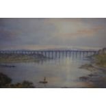 Frank Watson Wood (Scottish 1862-1953) "Sunrise Over the Royal Border Bridge Berwick, with Flying