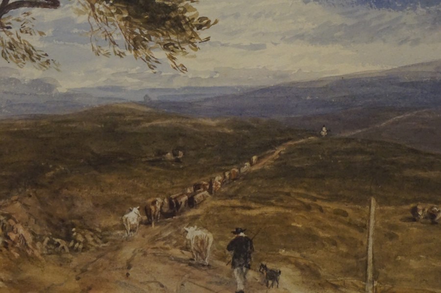 Tom Scott R.S.A (Scottish 1850-1934) "Drover with his Dog and Cattle on the Cross Borders Drove Road