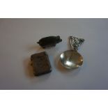 Silver Pin Cushion, Modelled as a pig, also with a Scottish silver Celtic design caddy spoon, and