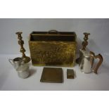 Mixed Lot of Brass Wares, to include a magazine rack, pair of candlesticks, also with a four piece