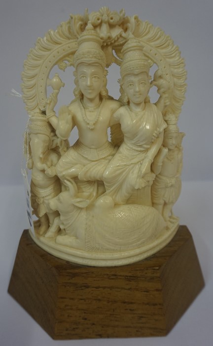 Indian Carved Ivory Figure Group, Pre 1947, Modelled as the marriage group of Parvati and Shiva,