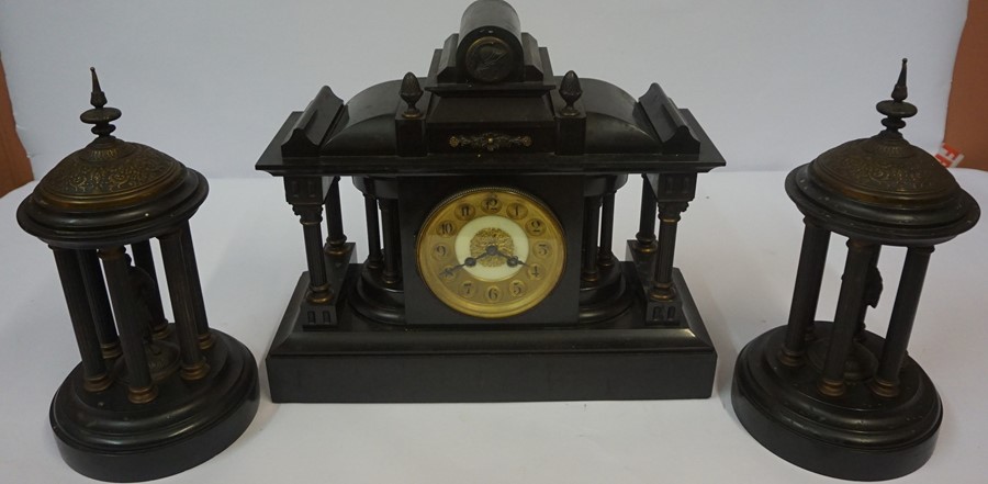 Victorian Black Slate Clock Garniture, Comprising of a large clock with pair of Corinthian