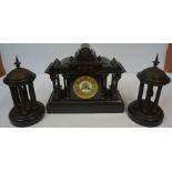 Victorian Black Slate Clock Garniture, Comprising of a large clock with pair of Corinthian