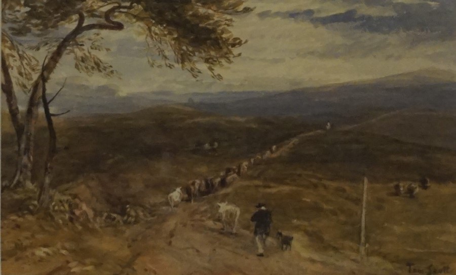 Tom Scott R.S.A (Scottish 1850-1934) "Drover with his Dog and Cattle on the Cross Borders Drove Road - Image 6 of 6