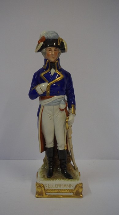 Sitzendorf Porcelain Figure of General Kellermann, Raised on a fixed gilded plinth, stamped and