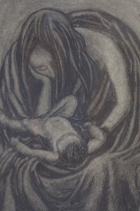 "Mother with Child" Mid century Charcoal, initialled EB and dated 64 to top right, 25cm x 17cm,