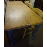 Farmhouse Kitchen Table, Having a pine top above a painted green frame, also with three kitchen