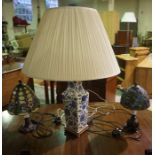 Two Tiffany Style Table Lamps, with shades, also with a Chinese style pottery vase / lamp with