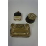 White Metal Horseshoe Inkwell, also with a white metal hip flask and deskstand, (3)