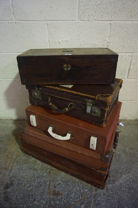 Victorian Writing Slope, also with four Vintage travel cases, (5)