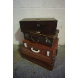 Victorian Writing Slope, also with four Vintage travel cases, (5)