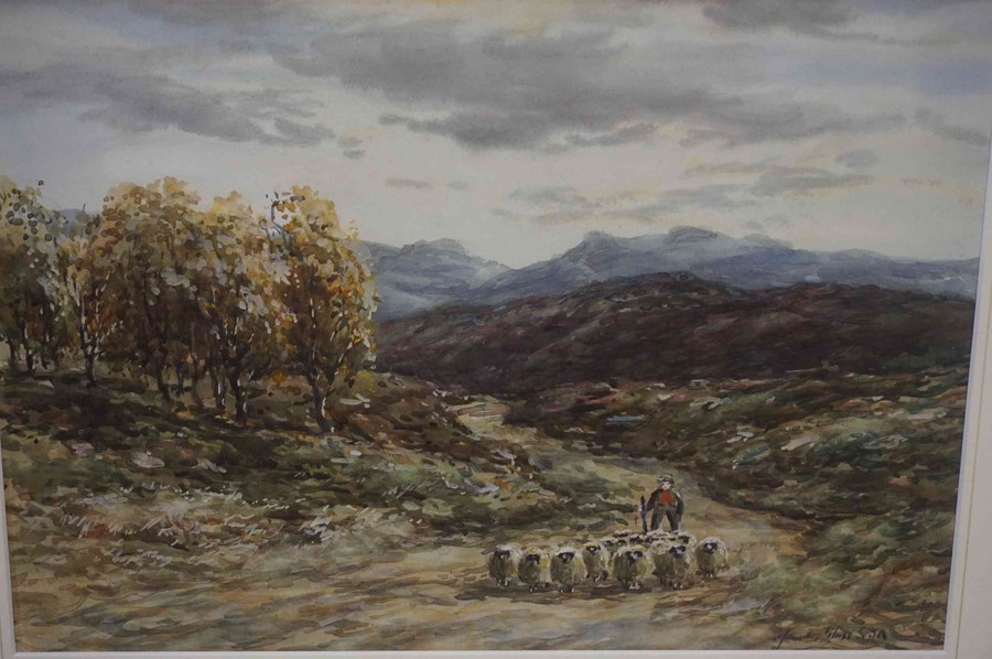 John Hamilton Glass SSA (Scottish 1820-1885) "Shepherd with Sheep" Watercolour, signed with