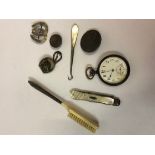 Quantity of Jewellery and Silver, to include a silver handled baby brush, gun metal cased pocket