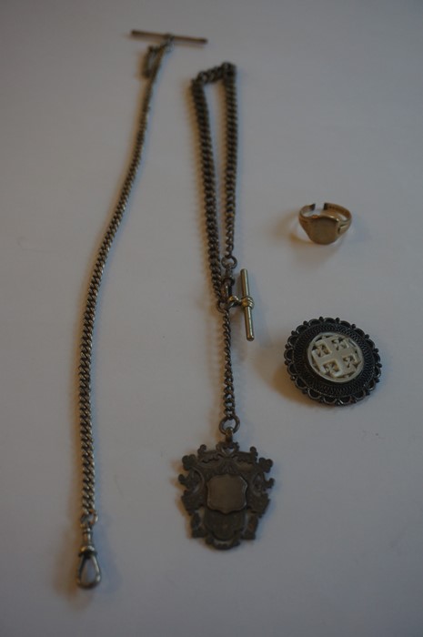 Two Silver Albert Chains, one having attached silver fob, also with a 9ct gold ring a/f, and a