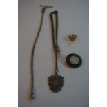 Two Silver Albert Chains, one having attached silver fob, also with a 9ct gold ring a/f, and a