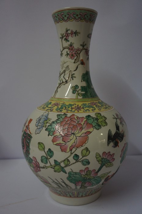 Chinese Famille Rose Baluster Shaped Vase, Having a flaring neck, Decorated with panels of