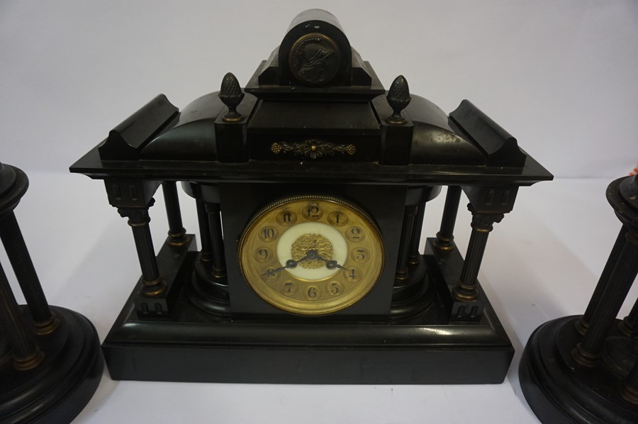 Victorian Black Slate Clock Garniture, Comprising of a large clock with pair of Corinthian - Image 2 of 8