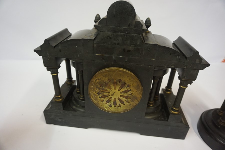 Victorian Black Slate Clock Garniture, Comprising of a large clock with pair of Corinthian - Image 7 of 8