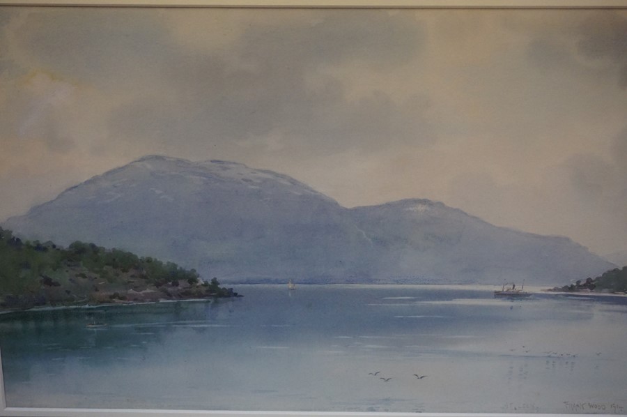 Frank Watson Wood (Scottish 1862-1953) "Scottish Loch Scene with Boats" Watercolour, signed and